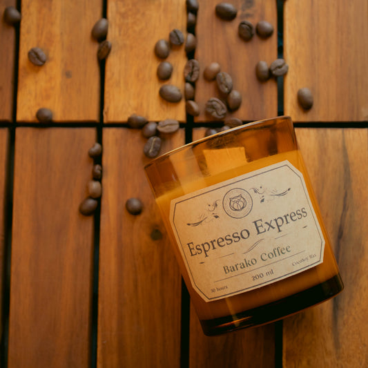 Espresso Express handcrafted barako coffee soy candle on a wooden surface with coffee beans, ideal for WFH desks and study spaces — made in the Philippines.