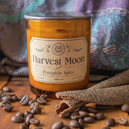 Harvest Moon Pumpkin Spice candle with coffee beans and cinnamon sticks on a wooden surface