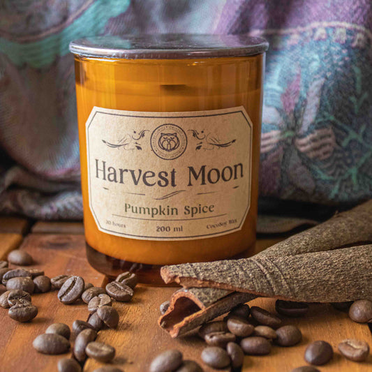 Harvest Moon Pumpkin Spice candle with coffee beans and cinnamon sticks on a wooden surface